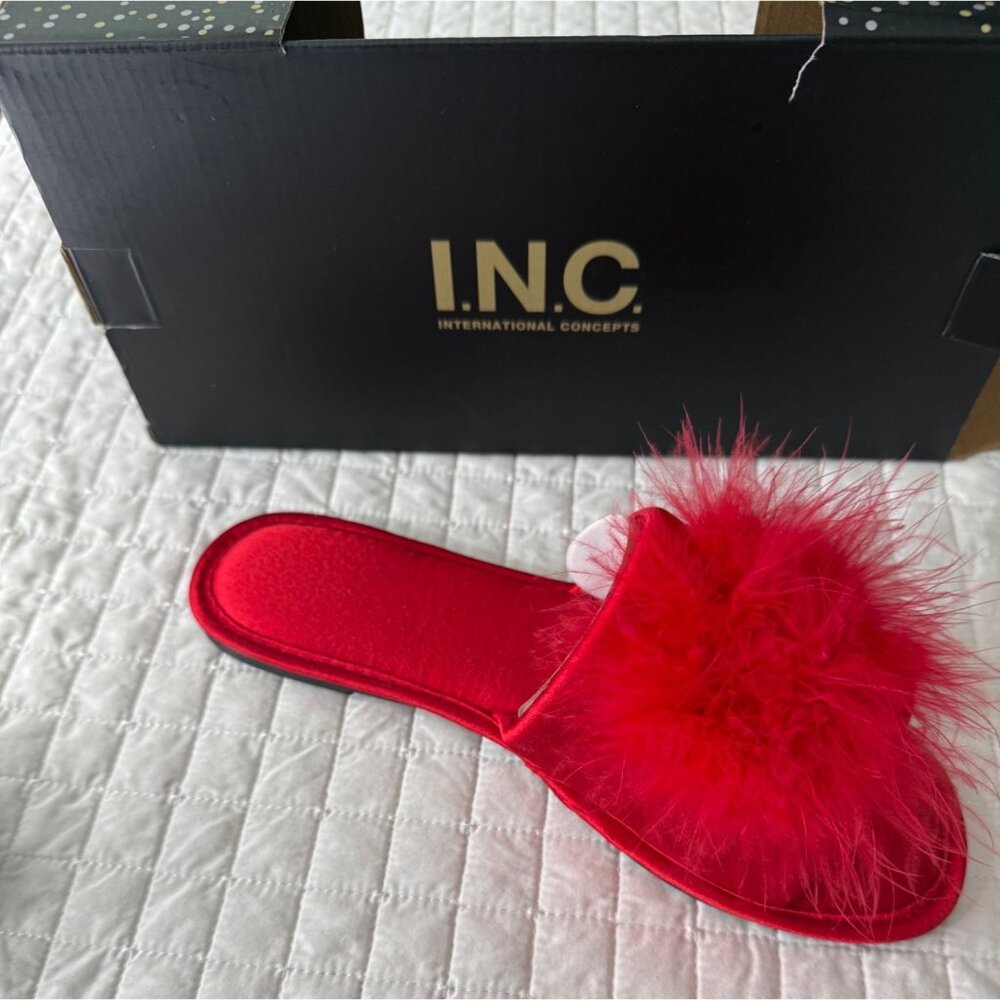I.N.C Red Feather Trimmed Slippers Medium